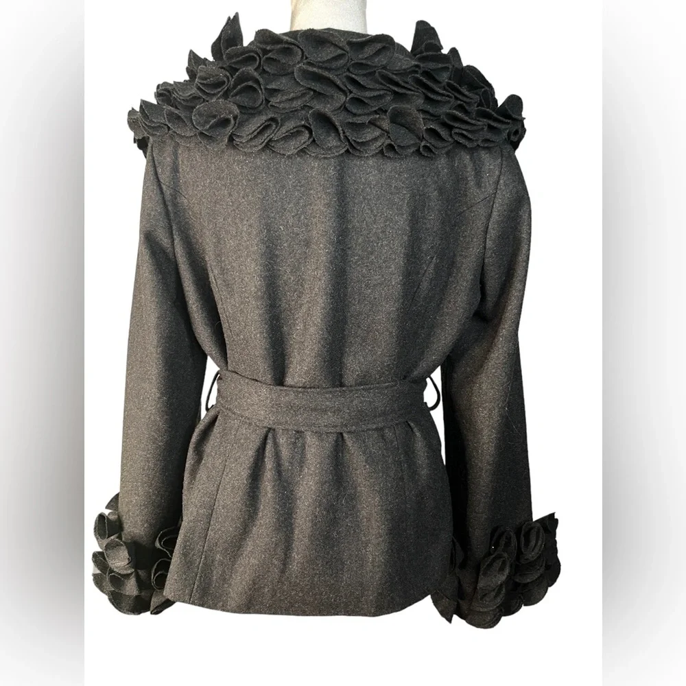 Feratelli Elegant Black Pea Coat with Ruffle Details - Picture 2 of 10